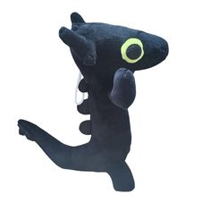 a black stuffed animal with yellow eyes