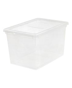 a clear plastic storage box on a white background