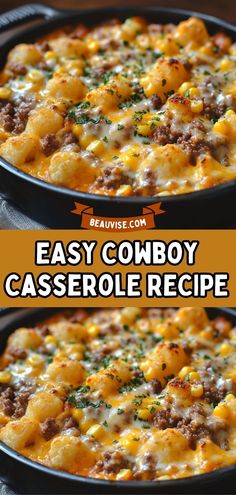 If you’re searching for a family-friendly meal that’s equal parts hearty and delicious, look no further than Cowboy Casserole. This dish is a crowd-pleaser, combining savory beef, creamy sauce, sweet corn, and crispy tater tots in a single, satisfying bite. #cooking #recipe #baking #dinner #tasty #desserts #food