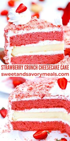 strawberry crunch cheesecake cake with white frosting and strawberries on the top slice