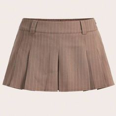 Back Zipper. Belt Loops. Built In Shorts Luxury Short Skirt With Pleated Waist, Luxury Pleated Waist Short Skirt, Pleated Beige Mini Skirt, Trendy Pleated Brown Bottoms, Casual Brown Pleated Skirt Bottoms, Casual Brown Pleated Bottoms, Trendy Brown Skort For Spring, High Waist Brown Skort For Spring, Casual Brown Skort For Spring