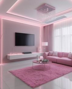 a living room with pink walls and white carpeted flooring, a large flat screen tv mounted on the wall