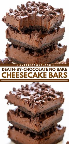 No-Bake Death by Chocolate Cheesecake Bars - Averie Cooks Chocolate No Bake Cheesecake, No Bake Cheesecake Bars, Chocolate No Bake, Chocolate Cheesecake Bars, Candy Creations, Averie Cooks, Easy Chocolate Desserts, Make Ahead Desserts, Dessert Bar Recipe