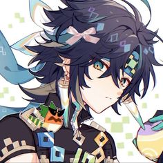 an anime character with long black hair and blue eyes holding a cell phone to his ear