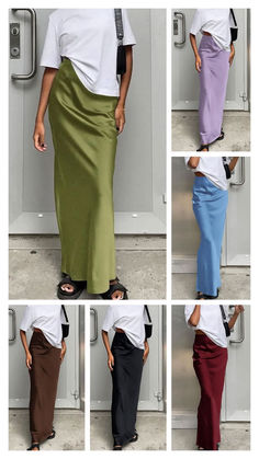 😍This super versatile, wear-anytime dress features a super comfortable elastic waistband to complete your look. Wear it with a pretty top or sweater, or with a lightweight t-shirt for a more casual look. 👗 Solid Satin Maxi Skirt For Summer, Summer Satin Bottoms Maxi Length, Satin Maxi Length Bottoms For Summer, Summer Satin Maxi Bottoms, Casual Satin Flowy Skirt, Summer Maxi Length Satin Bottoms, Casual Satin Long Skirt, Casual Long Satin Skirt, Spring Maxi Length Satin Skirt