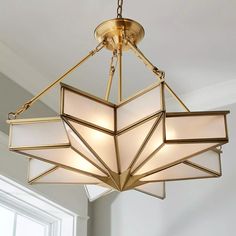 Satin Brass / Frosted Glass Star Chandelier Mercury Glass Light Fixture, Star Chandelier, Glass Light Fixture, Glass Stars, Glass Light, Mercury Glass, Semi Flush Mount, Satin Brass, Frosted Glass