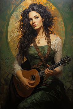 a painting of a woman with long hair holding a guitar and wearing a green dress