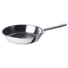 a stainless steel frying pan with a spoon in the bottom and handle on an isolated white background