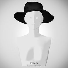 a mannequin wearing a black hat with the word fedora written on it