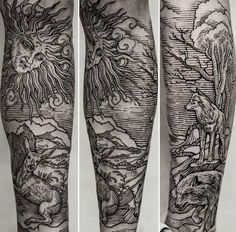 the legs and arms are covered in black ink with an image of a sun, clouds and