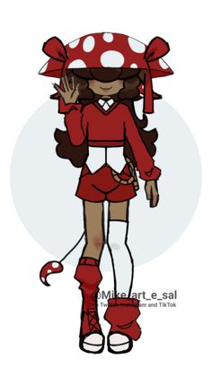 a drawing of a girl wearing red and white polka dot clothing with her hands up to her face