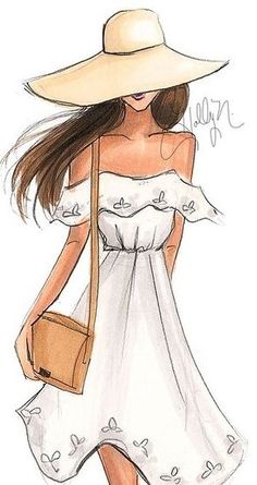 a drawing of a woman in a white dress with a hat and purse on her shoulder