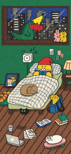 an image of a bedroom scene with the simpsons on the bed and other items scattered about