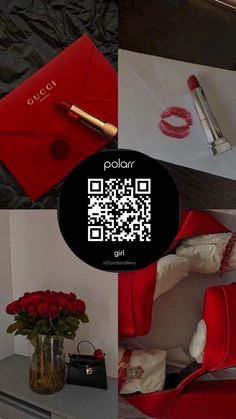 a collage of photos with red roses, lipstick, and an envelope on it