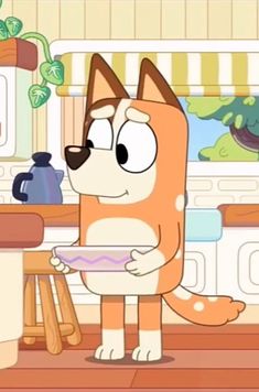 a cartoon dog holding a plate in the kitchen