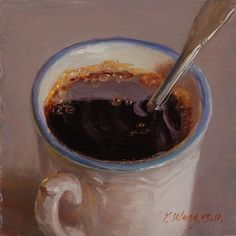 a painting of a cup of coffee with a spoon in it