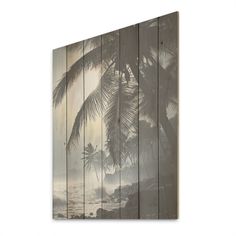 a wooden wall with palm trees and the ocean in the backgroung, on a white background