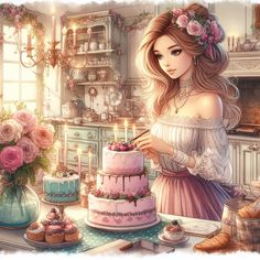 a beautiful young lady standing in front of a cake with candles on top of it