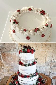 three different types of wedding cakes with roses on the top and bottom, one is white