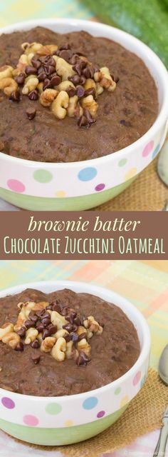 chocolate zucchini oatmeal with walnuts in two bowls on a table