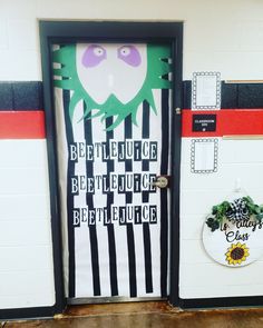 a door decorated with an image of a green monster and the words be the judge