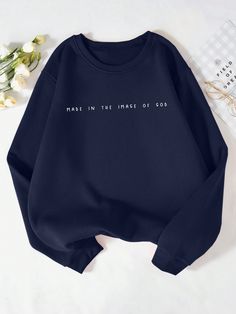 Azul Marino Casual Collar manga larga Tela Letras,Frase Pullovers Embellished Elástico Ligero Otoño/Invierno Target Closet, Sweater Print, Womens Sweatshirts Fashion, Navy Blue Sweatshirt, Stylish Hoodies, Fashion Vocabulary, Women Sweatshirts, Shirts For Teens, Easy Trendy Outfits