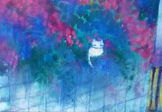 a painting of a cat sitting in the window sill with pink flowers on it