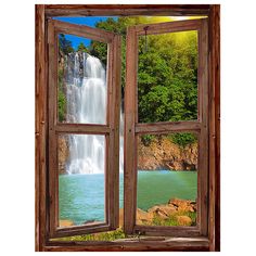 an open window with a waterfall in the background