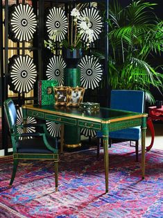 Painted Faux Malachite Desk with Black Leather Inlay with Gold Tooling, Soft Brass AccentsNon working key-decorative only. Distance from floor to bottom of desk: 25 1/8"Overall Height: 30 in.Overall Depth: 29 in.Overall Width: 62 in. Tony Duquette Interiors, Tony Duquette, Leather Inlay, Hand Painted Table, Maitland Smith, Secretary Desks, Black Desk, Office Furniture Desk, Interior Design Portfolio