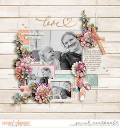 a scrapbook page with flowers and photos on it, including the word love written in gold