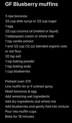 the recipe for gf blueberry muffins is shown in black and white