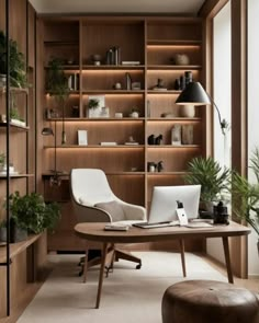 a home office with wooden shelves and shelvings filled with potted plants in the corner