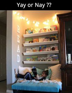 a living room filled with furniture and lots of shelves on the wall above it's headboard