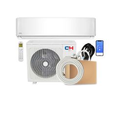 an air conditioner and other items are displayed on a white background, including a cardboard box