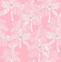 a pink and white palm tree wallpaper with green leaves on the bottom right corner