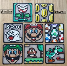 four different coasters with mario and luigi's characters on them, all made out of