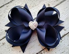 Girls Hair Bow ~ Navy Boutique Hair Bow with Sparkly Heart for Formal, Wedding, Birthday Events ~ Cu Valentine Hair Bows, Holiday Hair Bows, School Hair Bows, Valentine Hair, Girls Hair Bow, Toddler Hair Bows, Ribbon Sculpture, Birthday Events