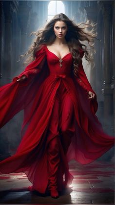 a woman with long hair in a red dress