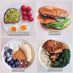 four plates with different foods on them and the words breakfast, lunch, lunch dinner