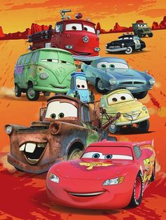 cars from the disney pixars movie are shown in front of an orange background