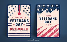 two veterans day vertical banners with stars and stripes on the front, one red white and blue