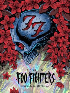 a poster for foo fighters featuring a skull surrounded by red flowers and the words foo fighters