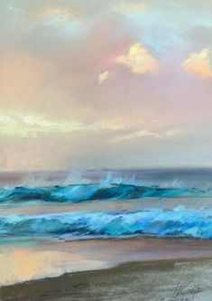 an oil painting of the ocean with waves coming in to shore and clouds above it