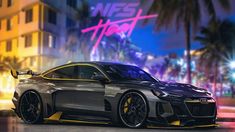 a grey sports car parked in front of a tall building with neon lights on it