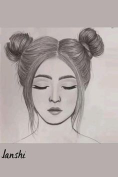 a drawing of a woman's face with her eyes closed and hair in buns