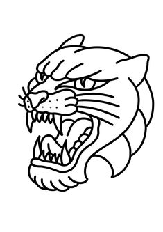 a black and white drawing of a tiger's head with its mouth wide open