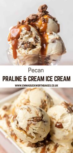 two scoops of ice cream with caramel drizzle and pecan on top