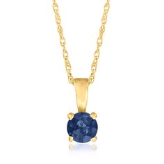 Ross-Simons - .28 Carat Sapphire Pendant Necklace in 14kt Yellow Gold. 16". RS Pure. Modern designs that complete your outfit and complement your personality. Create unique tiers with this dainty necklace. Crafted in polished 14kt yellow gold, the .28 carat sapphire pendant suspends from a simple rope chain. Springring clasp, sapphire pendant necklace. Sapphire birthstones are the perfect gift for September birthdays. Formal Yellow Gold Birthstone Necklace With Prong Setting, 14k Yellow Gold Birthstone Necklace With Prong Setting, Elegant Yellow Gold Sapphire Birthstone Necklace, Gold Sapphire Round Pendant Jewelry, Elegant Sapphire Color Gold-plated Necklace, Sapphire Pendant With 17 Jewels, Sapphire 14k Gold Pendant Jewelry, Sapphire Pendant Necklace, Necklace Sapphire