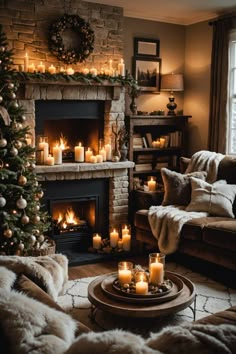 a living room decorated for christmas with candles