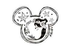 the mickey mouse head with flowers and stars on it's face, drawn in black ink